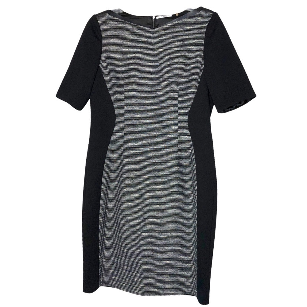 T TAHARI - Cotton Black & White Sheath Dress w/ Faux Leather Trim - Size 14